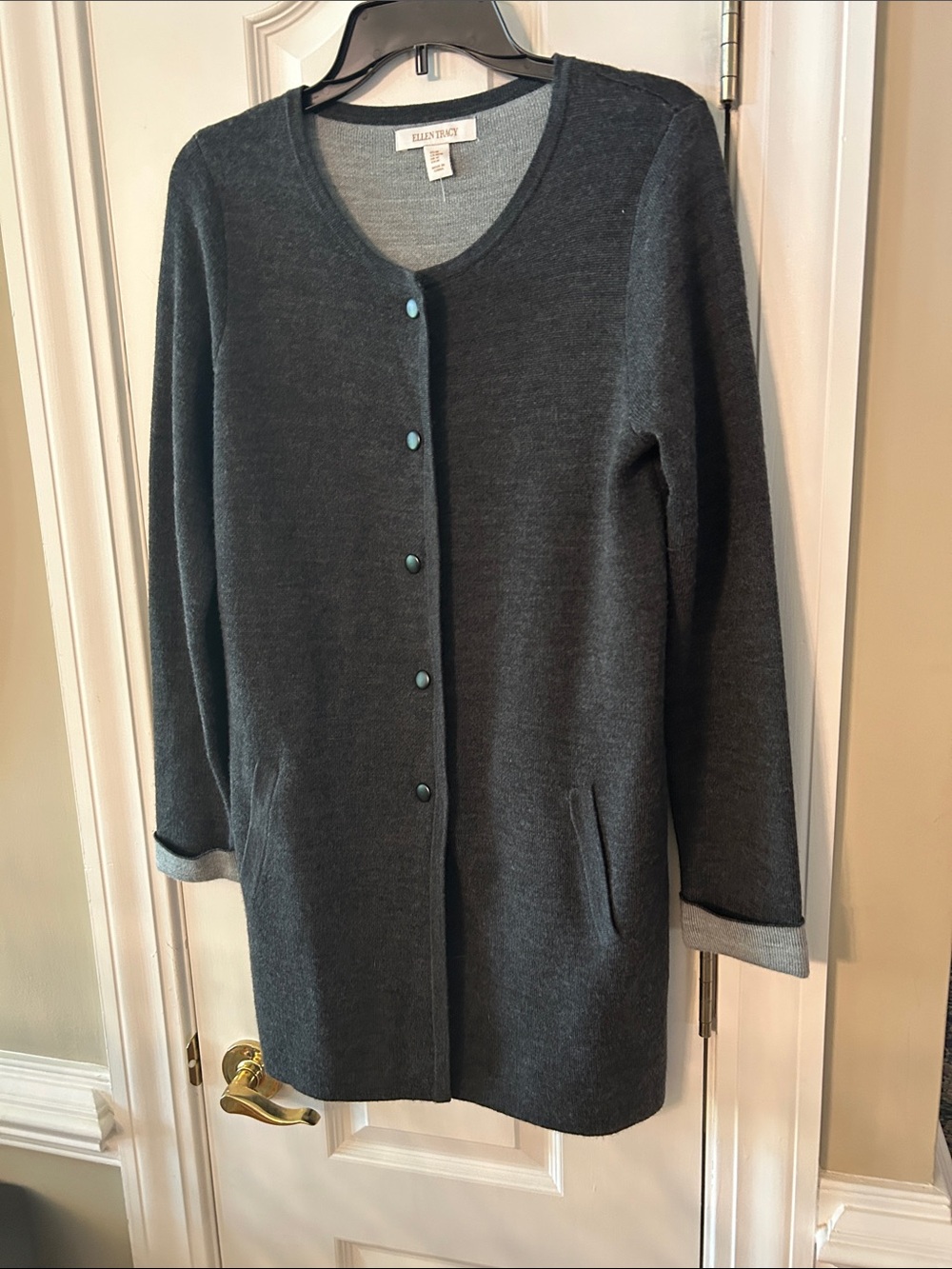 Ellen Tracy Dark Charcoal Gray Long Cardigan Sweater